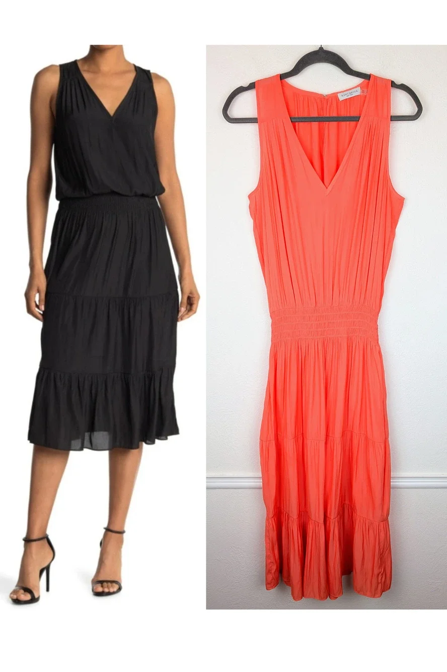 Ramy Brook Edenn Midi Dress Tiered Smocked Boho Keyhole Coral Pink Orange Size S